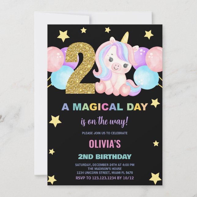Invitations d'anniversaire de la licorne du 2e ann (Devant)