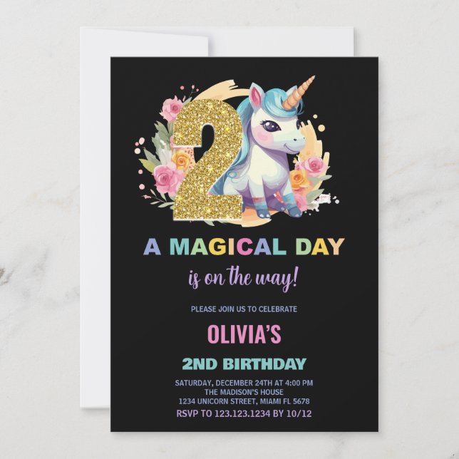 Invitations d'anniversaire de la licorne du 2e ann (Devant)