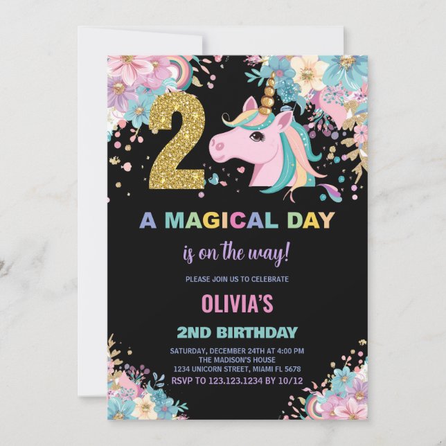 Invitations d'anniversaire de la licorne du 2e ann (Devant)