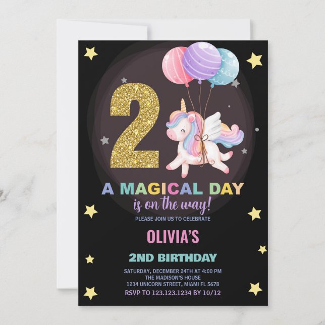 Invitations d'anniversaire de la licorne du 2e ann (Devant)