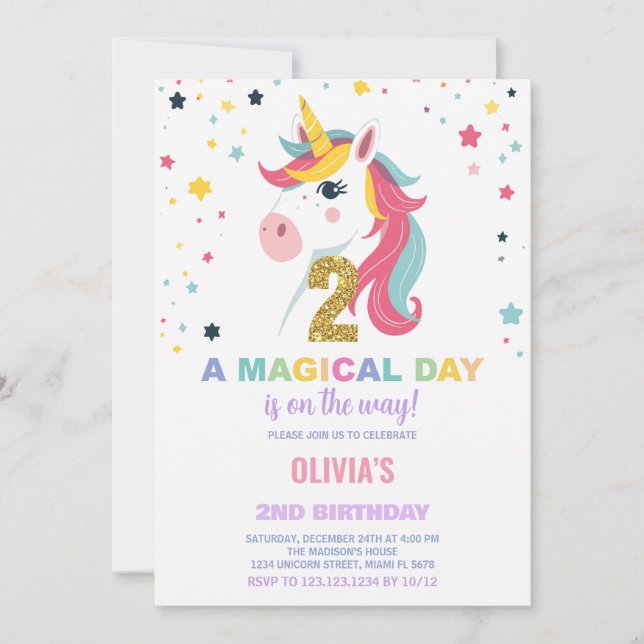 Invitations d'anniversaire de la licorne du 2e ann (Devant)