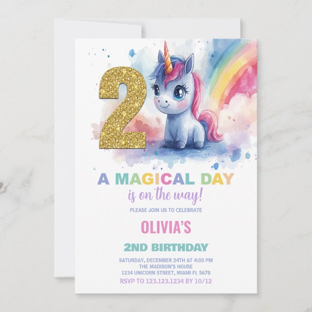 Invitations d'anniversaire de la licorne du 2e ann (Devant)