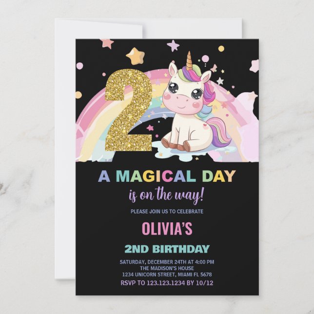 Invitations d'anniversaire de la licorne du 2e ann (Devant)