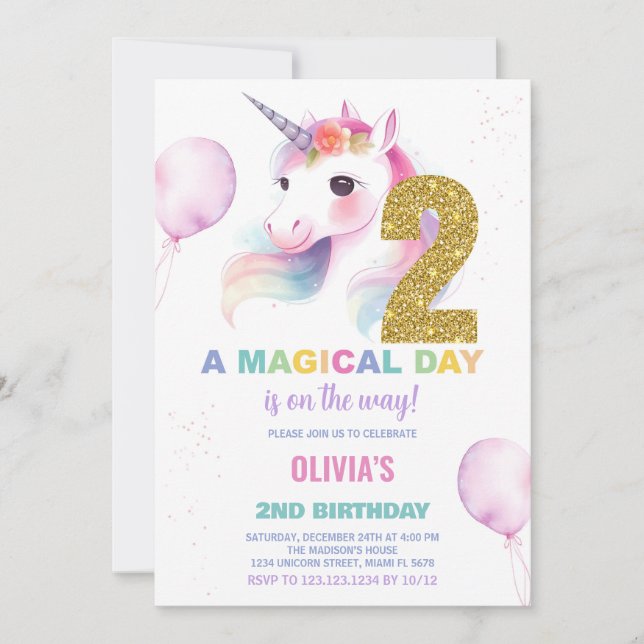 Invitations d'anniversaire de la licorne du 2e ann (Devant)
