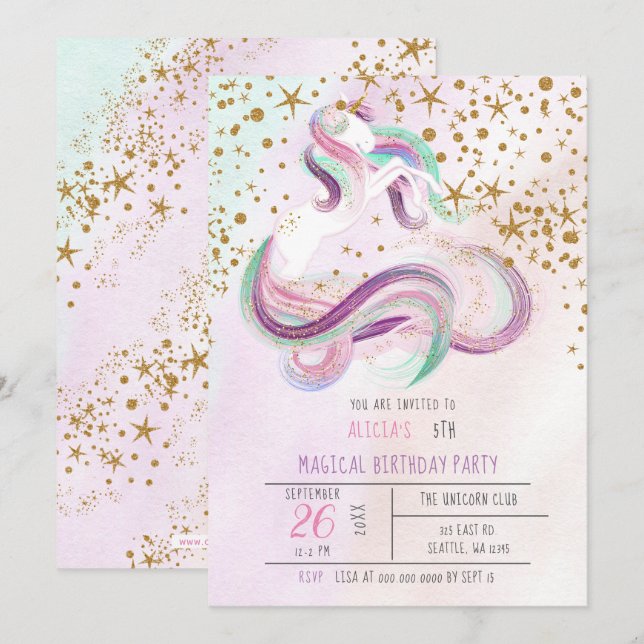 Invitations d'Anniversaire de la licorne magique (Devant / Derrière)