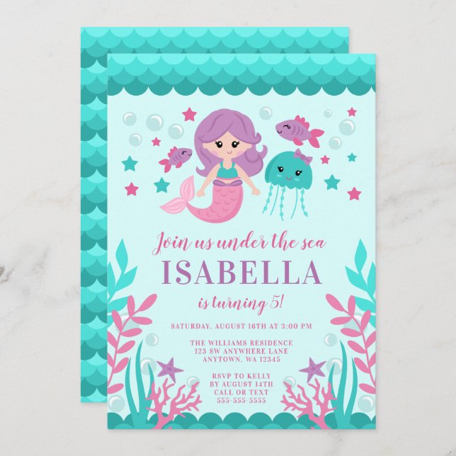 Invitations d'anniversaire de la mignonne sirène (Devant / Derrière)