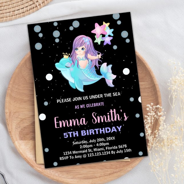 Invitations d'anniversaire de la sirène noire avec (Black Mermaid Birthday Invitations with dolphin)