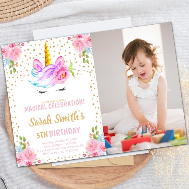 Invitations d'anniversaire de la Unicorne avec pho (Unicorn birthday birthday invitations with photo)
