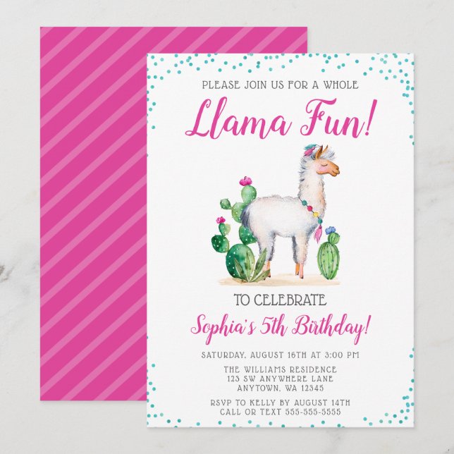 Invitations d'anniversaire de lama d'aquarelle (Devant / Derrière)