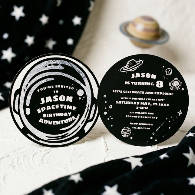 Invitations d'anniversaire de l'astronaute Black W (Black White Space Astronaut Birthday Invitations)