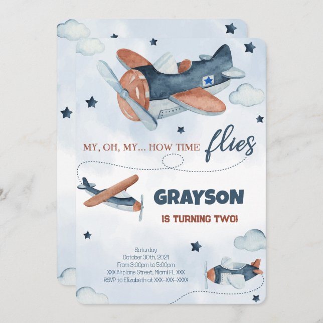 Invitations d'anniversaire de l'avion (Devant / Derrière)