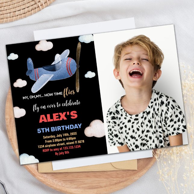 Invitations d'anniversaire de l'avion Black Blue w (Airplane Birthday Invitations Black Blue w Photo)