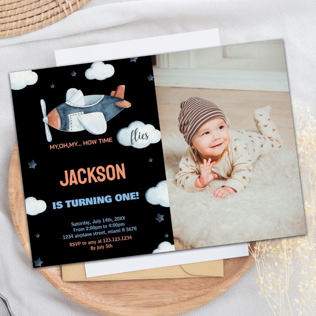 Invitations d'anniversaire de l'avion Black Brown  (Airplane Birthday Invitations Black Brown W Photo)