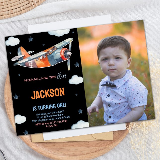 Invitations d'anniversaire de l'avion Black Orange (Airplane Birthday Invitations Black Orange w Photo)