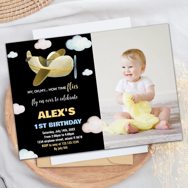 Invitations d'anniversaire de l'avion Black Yellow (Airplane Birthday Invitations Black Yellow w Photo)