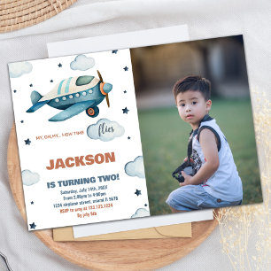 Invitations d'anniversaire de l'avion bleu avec ph