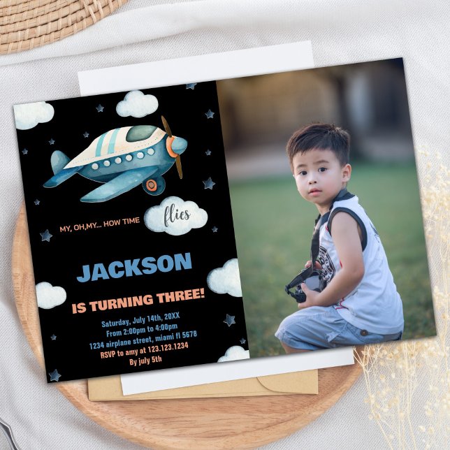 Invitations d'anniversaire de l'avion bleu noir av (Airplane Birthday Invitations Blue Black w Photo)
