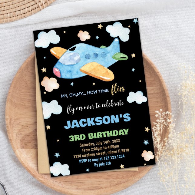 Invitations d'anniversaire de l'avion Bleu Orange  (Airplane Birthday Invitations Blue Orange Black BK)