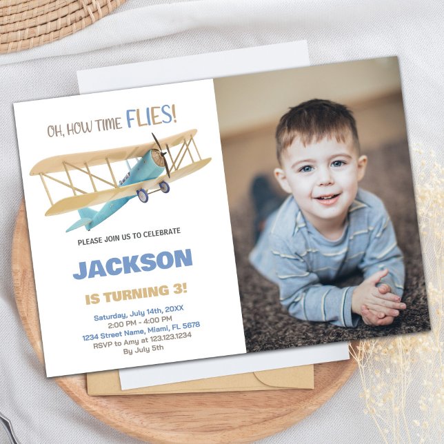 Invitations d'anniversaire de l'avion bleu vert av (Airplane Birthday Invitations Blue Green w photo)