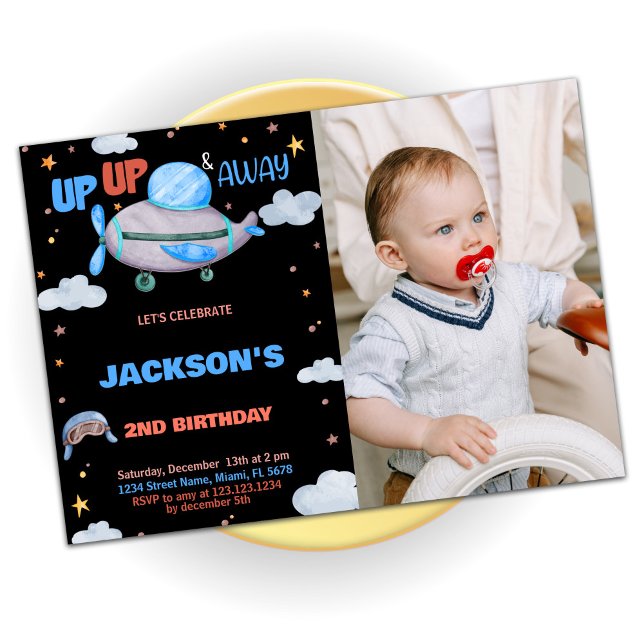 Invitations d'anniversaire de l'avion Brown avec p (Airplane Birthday Invitations Brown with photo)