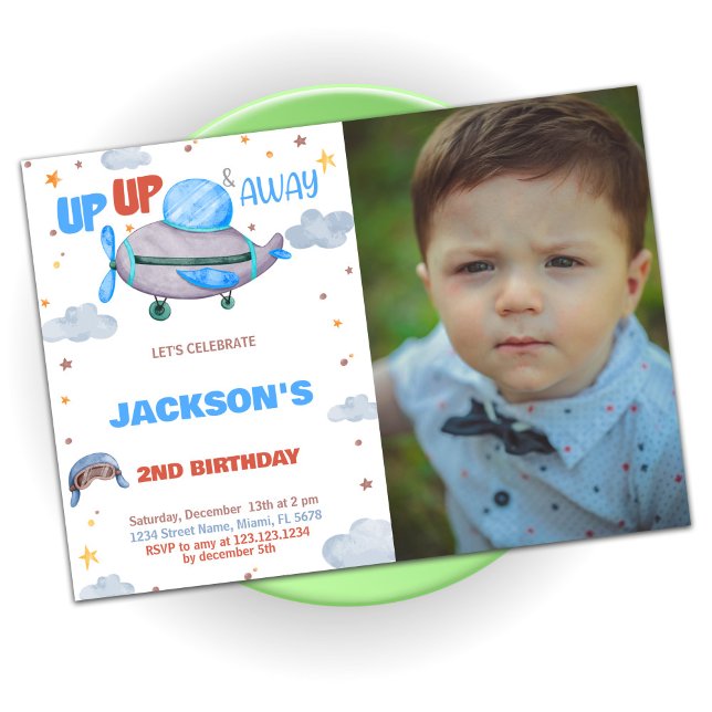 Invitations d'anniversaire de l'avion Brown bleu a (Airplane Birthday Invitations Brown Blue w photo)