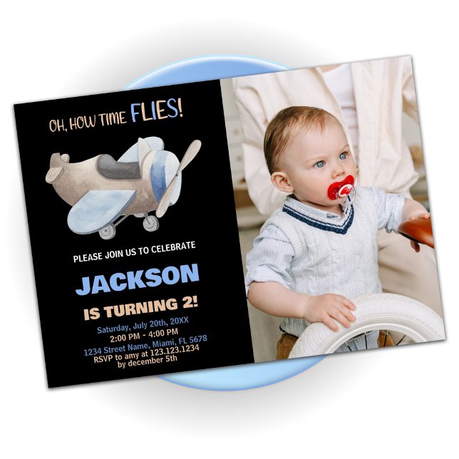 Invitations d'anniversaire de l'avion Brown Noir a (Airplane Birthday Invitations Brown Black w photo)