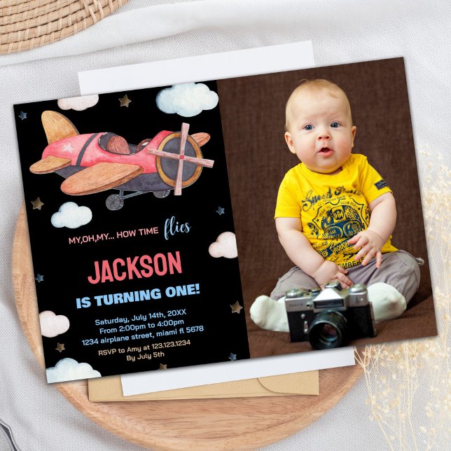 Invitations d'anniversaire de l'avion Brown noir a (Airplane Birthday Invitations Black Brown w Photo)