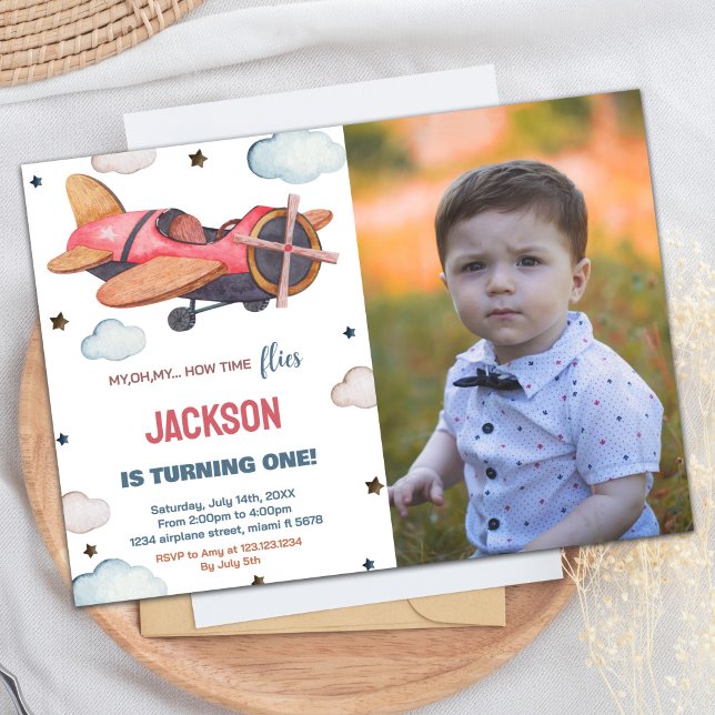 Invitations d'anniversaire de l'avion Brown rouge  (Airplane Birthday Invitations Red Brown with photo)