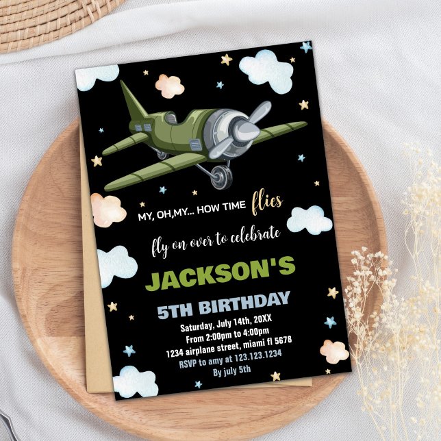 Invitations d'anniversaire de l'avion Green Black  (Airplane Birthday Invitations Green Black BK)