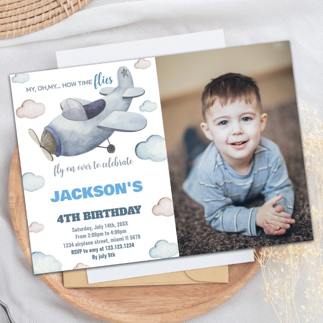 Invitations d'anniversaire de l'avion Gris Bleu W  (Airplane Birthday Invitations Gray Blue W Photo)