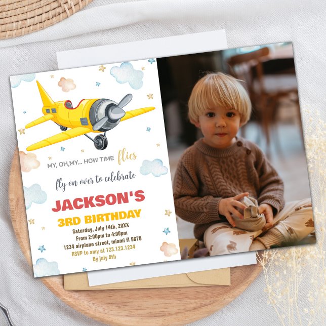 Invitations d'anniversaire de l'avion Jaune avec p (Airplane Birthday Invitations Yellow With Photo)