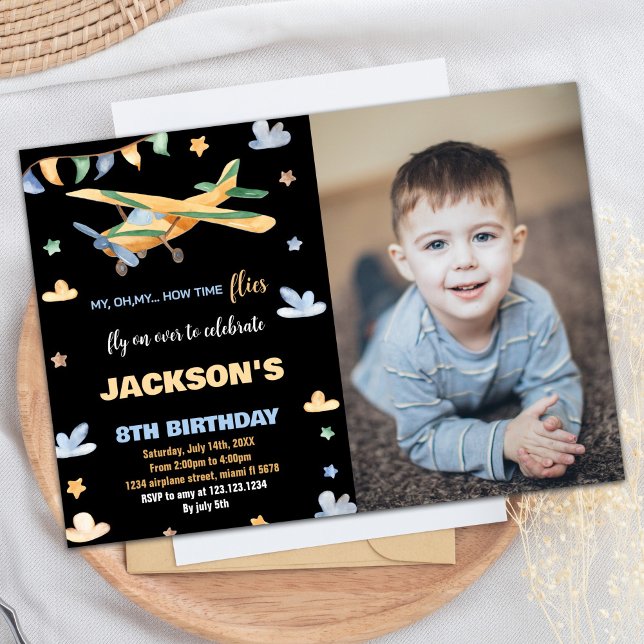 Invitations d'anniversaire de l'avion Jaune Noir a (Airplane Birthday Invitations Yellow Black w Photo)