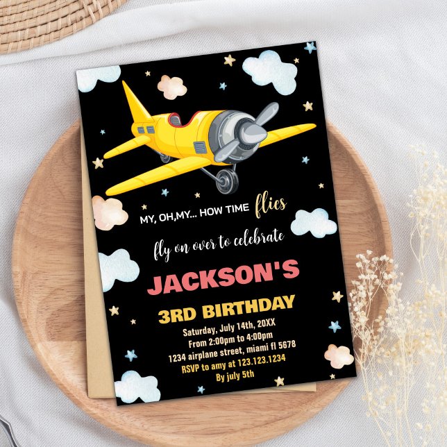 Invitations d'anniversaire de l'avion Jaune Noir B (Airplane Birthday Invitations Yellow Black BK)