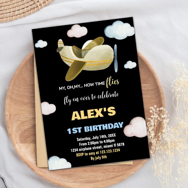 Invitations d'anniversaire de l'avion noir jaune o (Black Yellow Orange Airplane Birthday Invitations)