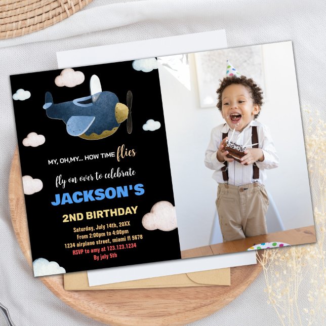 Invitations d'anniversaire de l'avion Nuage blanc  (Airplane Birthday Invitations White Cloud w Photo)