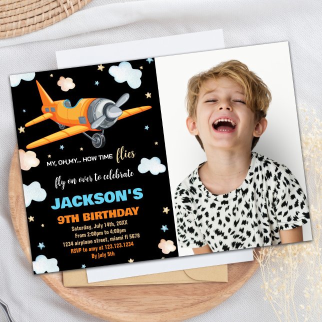 Invitations d'anniversaire de l'avion Orange Noir  (Airplane Birthday Invitations Orange Black w Photo)