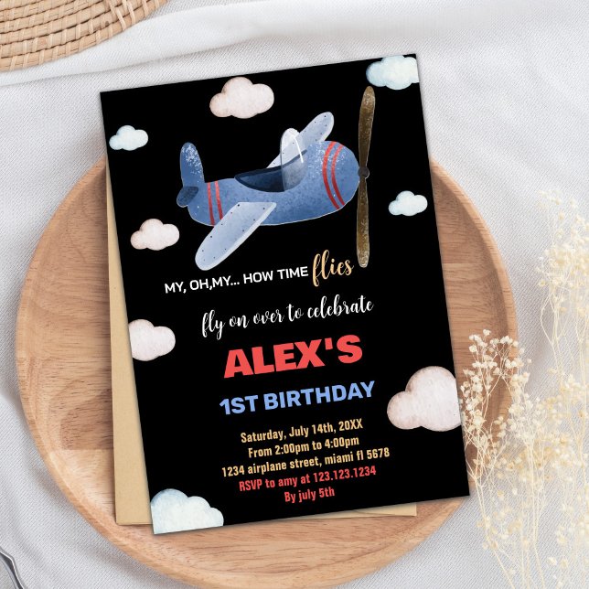 Invitations d'anniversaire de l'avion rouge bleu n (Black Blue Red Airplane Birthday Invitations)