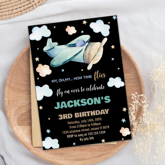 Invitations d'anniversaire de l'avion Vert Brown n (Airplane Birthday Invitations Green Brown Black BK)