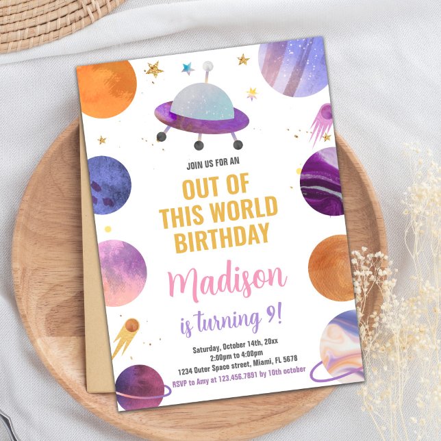 Invitations d'anniversaire de l'espace extra-atmos (Pink Outer Space Birthday Invitations)