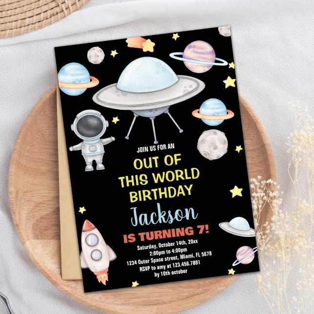 Invitations d'anniversaire de l'espace extra-atmos (Black Outer Space Birthday Invitations)