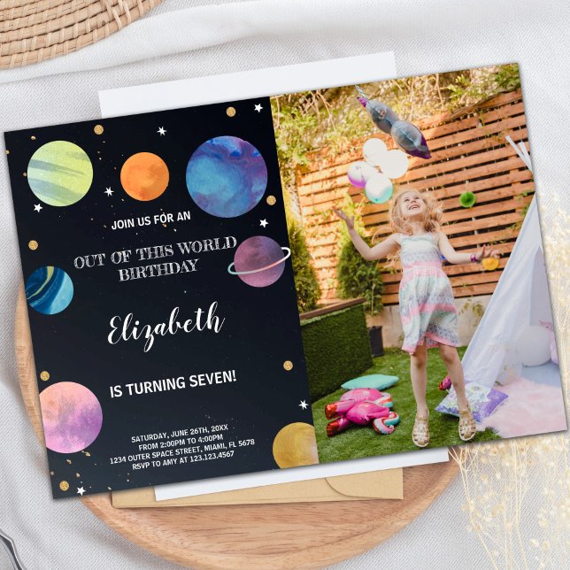 Invitations d'anniversaire de l'espace extra-atmos (Black Outer Space Birthday Invitations with photo)