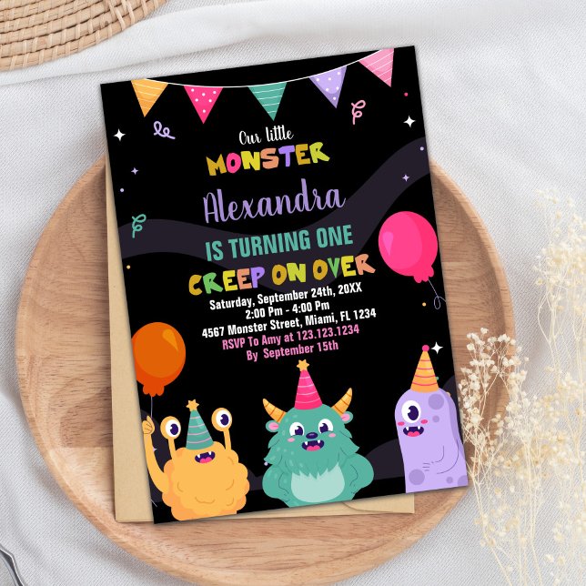 Invitations d'anniversaire de Monster Ballon rose  (Monster Birthday Invitations Pink Ballon Black)
