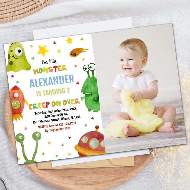 Invitations d'anniversaire de Monster Blanc avec p (Monster Birthday Invitations White with photo)