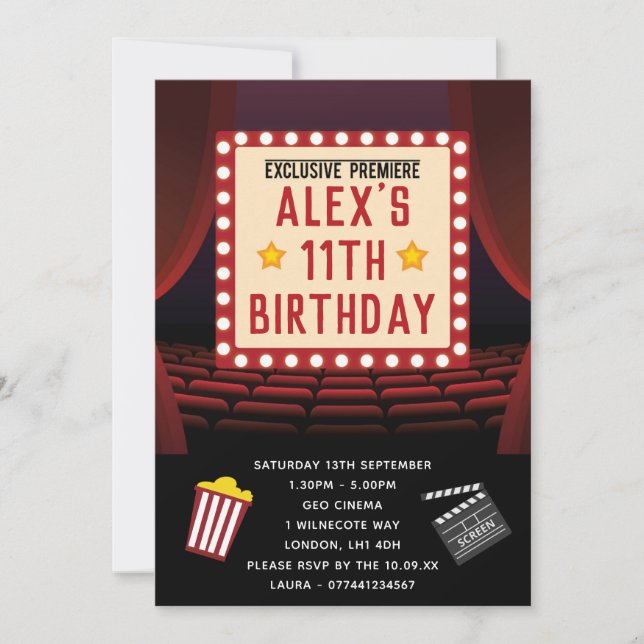 Invitations d'anniversaire de partie de cinéma (Devant)