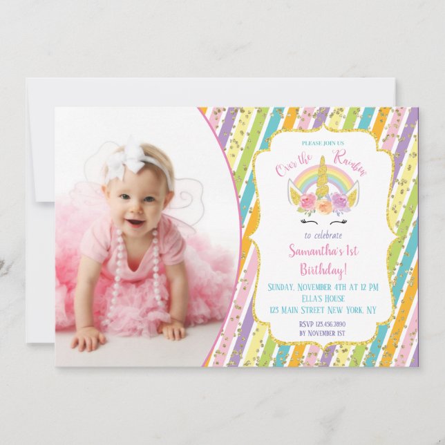 Invitations d'anniversaire de photo de licorne (Devant)