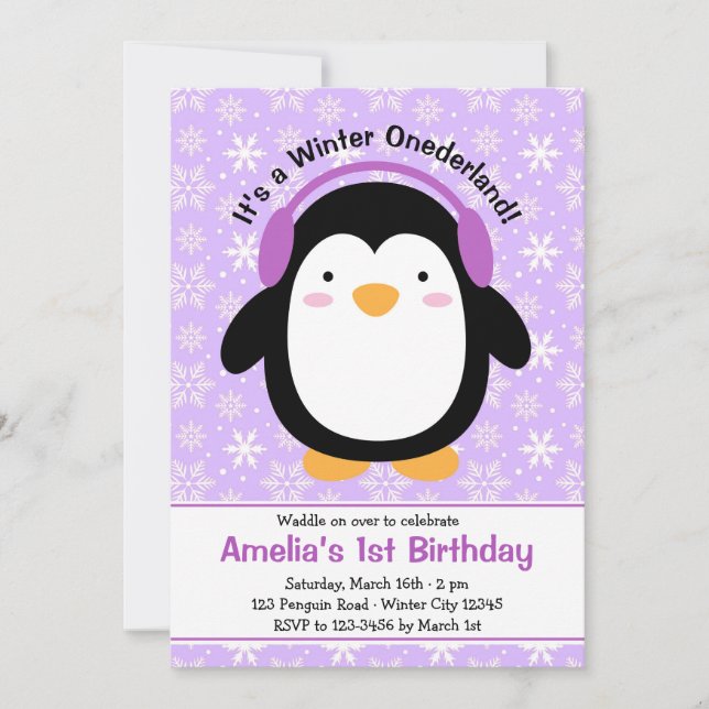 Invitations d'anniversaire de pingouin pourpre (fi (Devant)