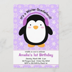 Invitations d'anniversaire de pingouins pourpres (