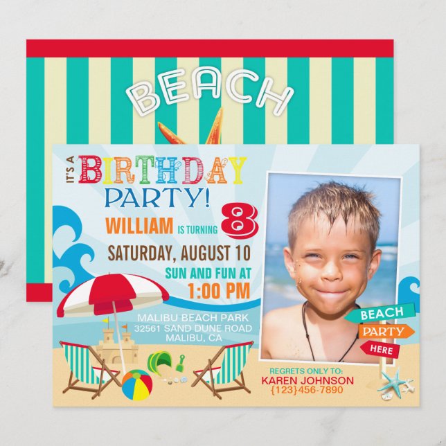 Invitations d'anniversaire de plage (Devant / Derrière)