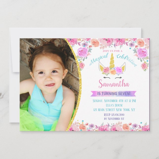 Invitations d'anniversaire de Rainbow Unicorn (Devant)