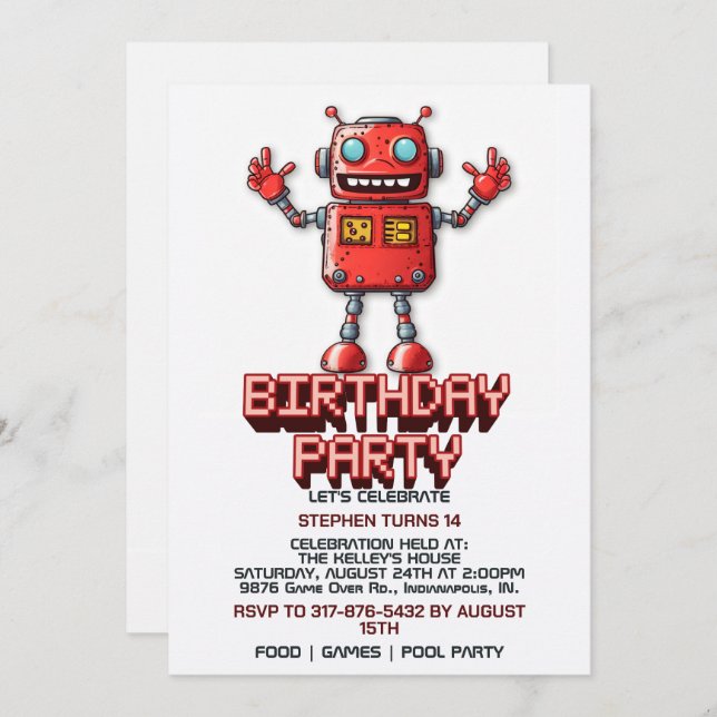 Invitations d'anniversaire de Retro Space Robot (Devant / Derrière)